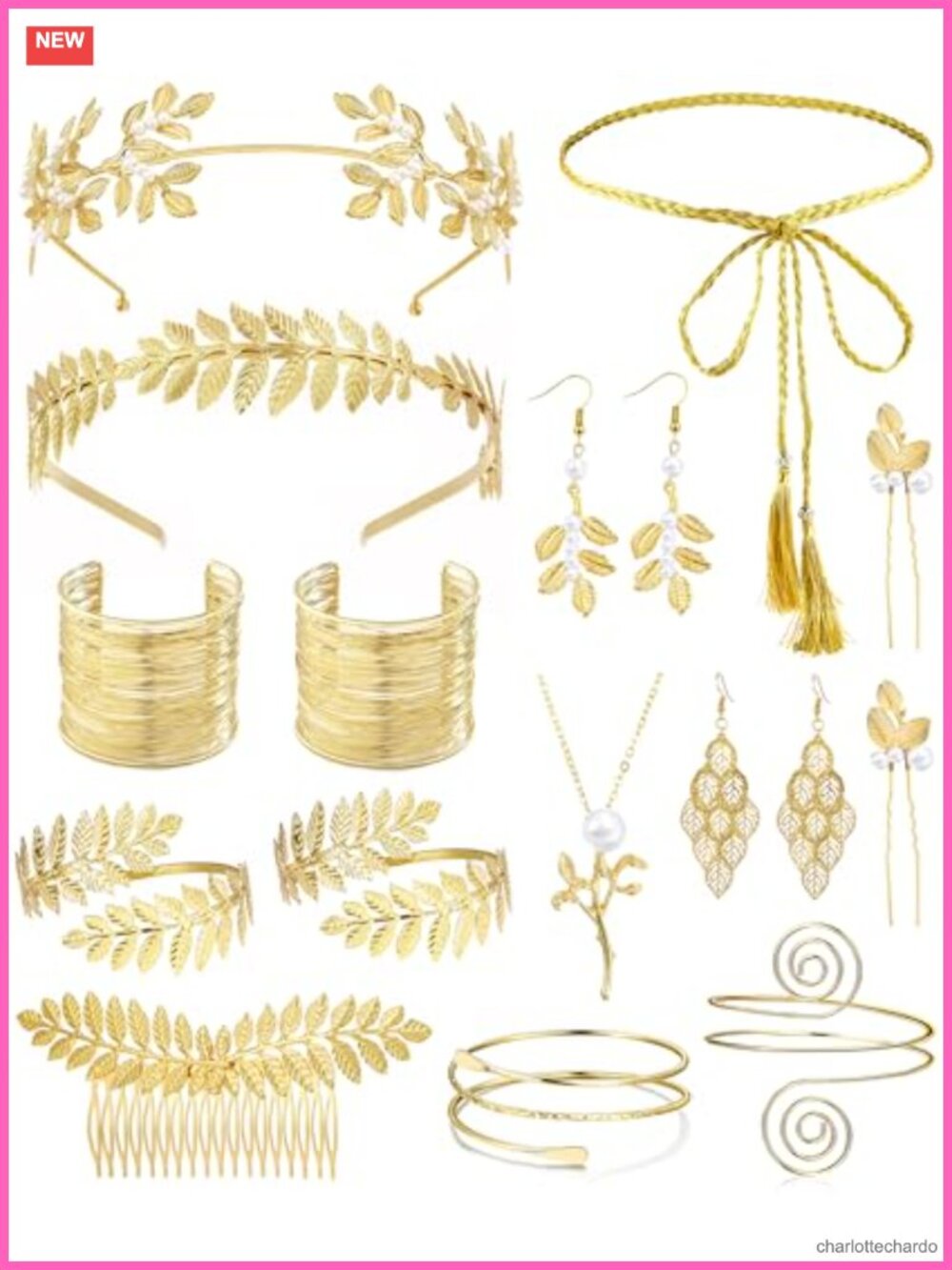 Greek Goddess Costume Accessories Set 17 Pcs Gold Plated Leaf Headband Toga